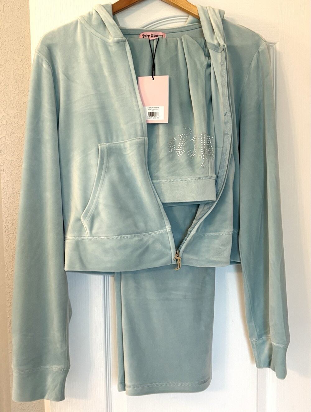 Juicy Couture Tracksuit Size XL Pastel Turquoise Blue Hoodie Pants Set NWT